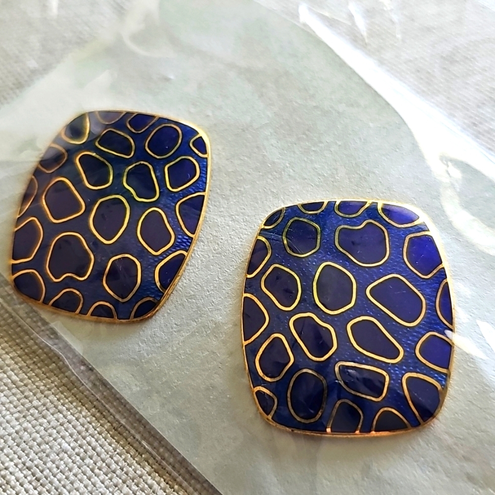 Elegant Cobalt Blue and Gold Cloisonne Enemal Geometric Earrings